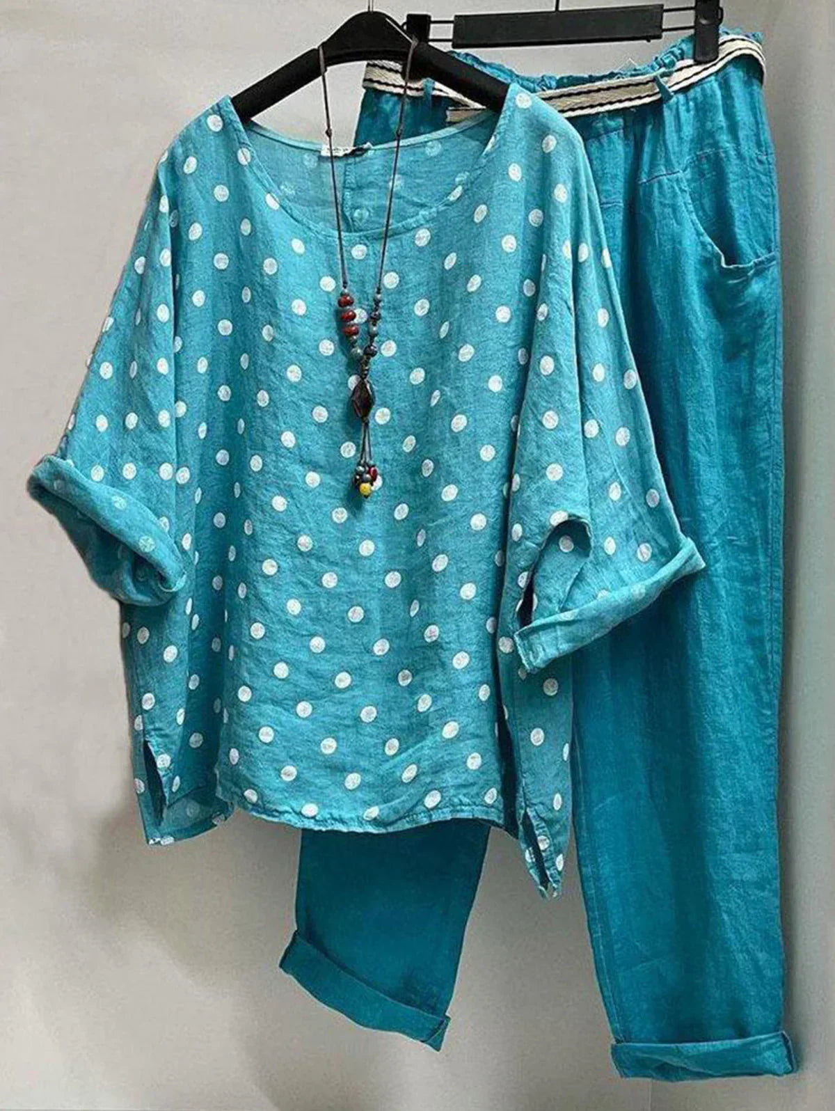 LP | Camicetta casual con scollo rotondo a pois e pantaloni con tasche in confezione da 2