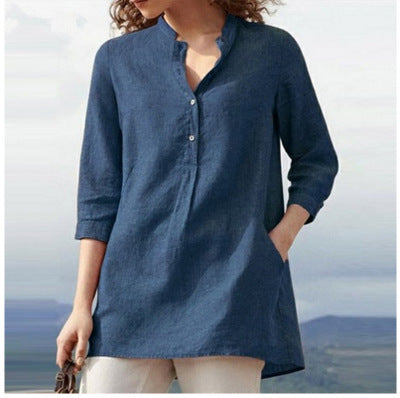 LP | Camicia a tinta unita con maniche a tre quarti e collo alto in cotone e lino