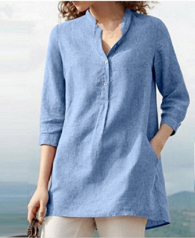 LP | Camicia a tinta unita con maniche a tre quarti e collo alto in cotone e lino