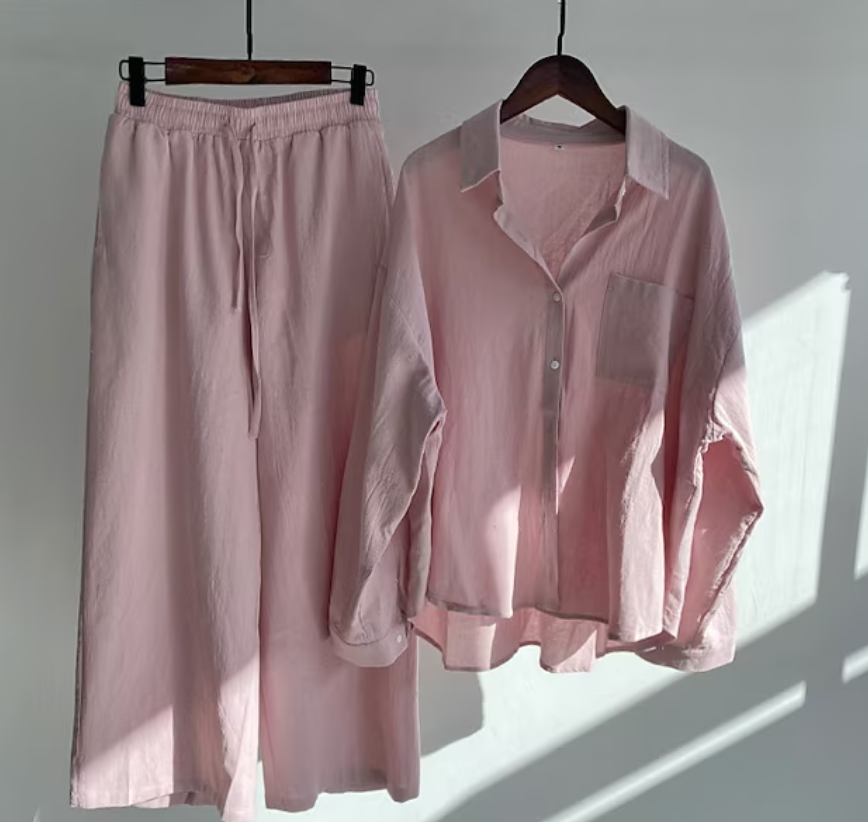 LP | Camicetta da donna casual ed elegante a maniche lunghe con bottoni e pantaloni larghi
