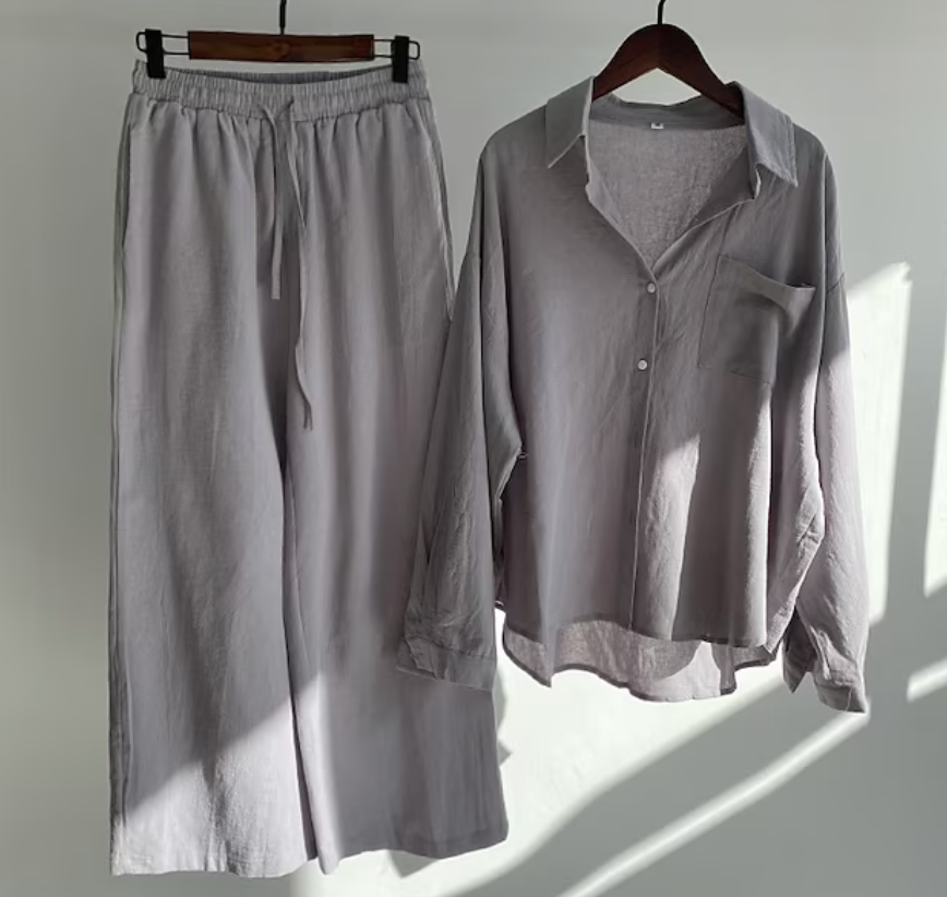 LP | Camicetta da donna casual ed elegante a maniche lunghe con bottoni e pantaloni larghi