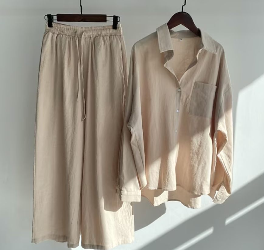 LP | Camicetta da donna casual ed elegante a maniche lunghe con bottoni e pantaloni larghi