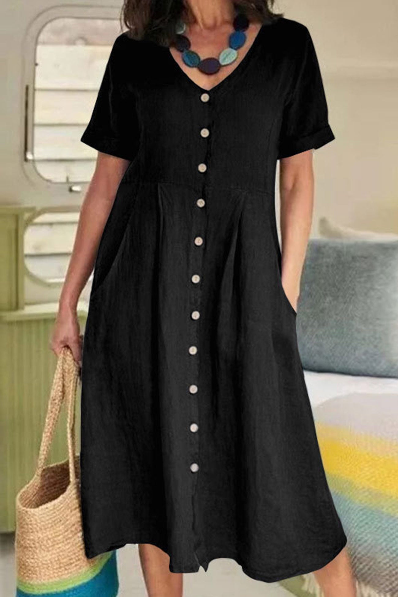 LP | Vestito midi abbottonato in cotone e lino