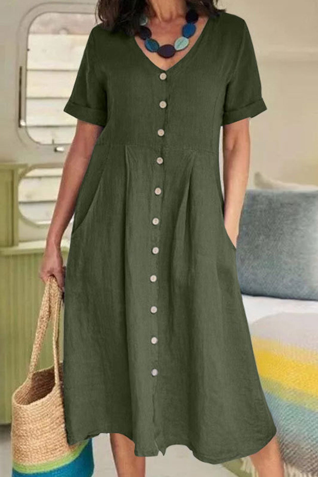 LP | Vestito midi abbottonato in cotone e lino