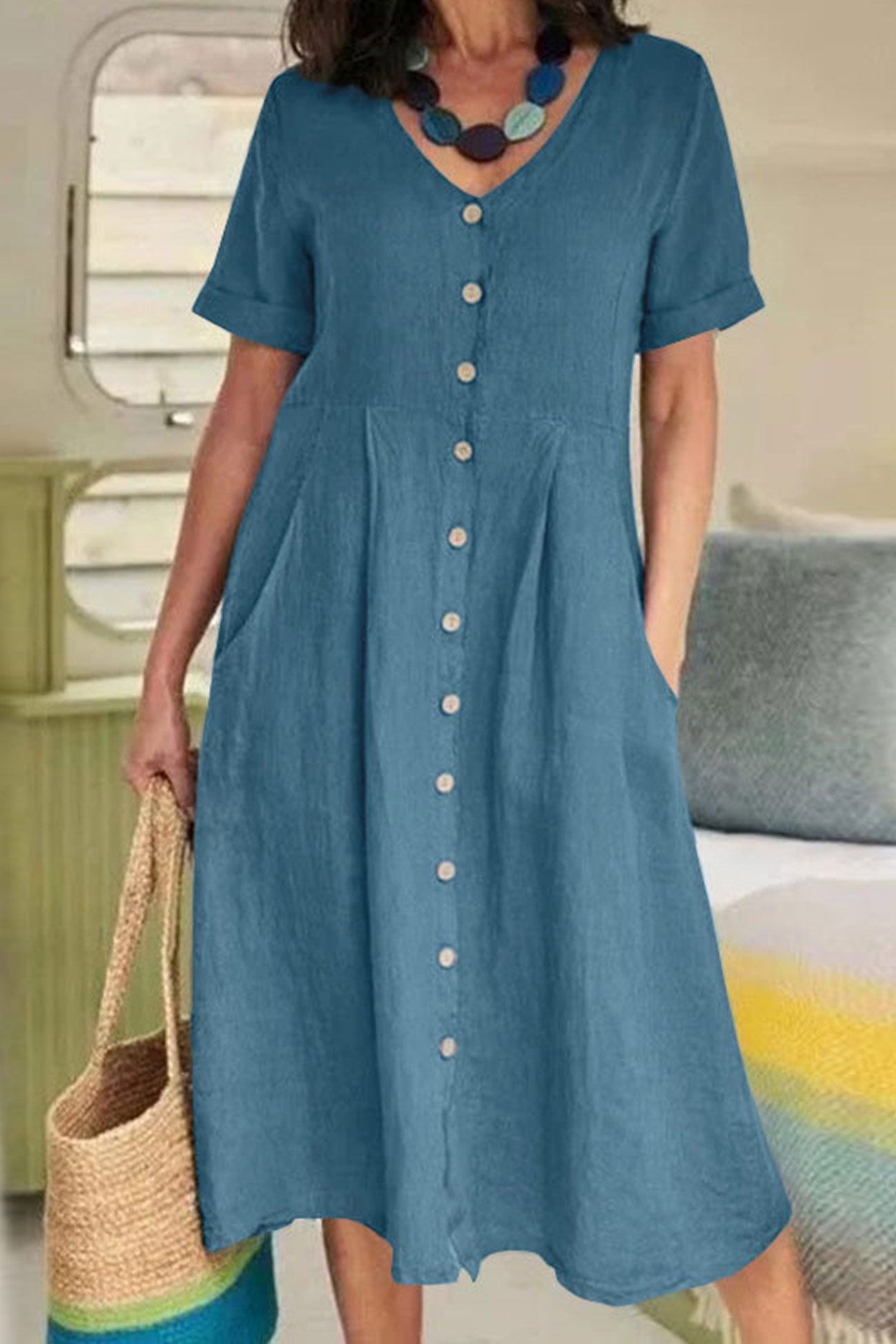 LP | Vestito midi abbottonato in cotone e lino