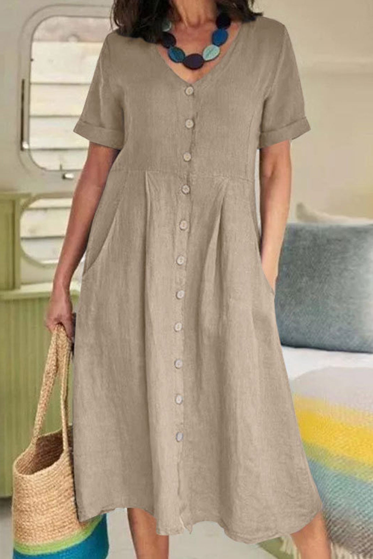 LP | Vestito midi abbottonato in cotone e lino