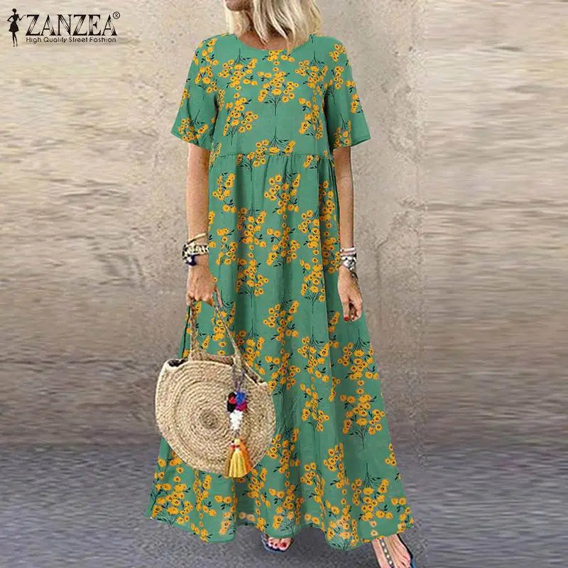 LP | 2024 ZANZEA Donne Bohemian Manica corta Stampato floreale Sundress O Collo Vacanze Kaftan Vestido Baggy Vestito Estate Abiti lunghi