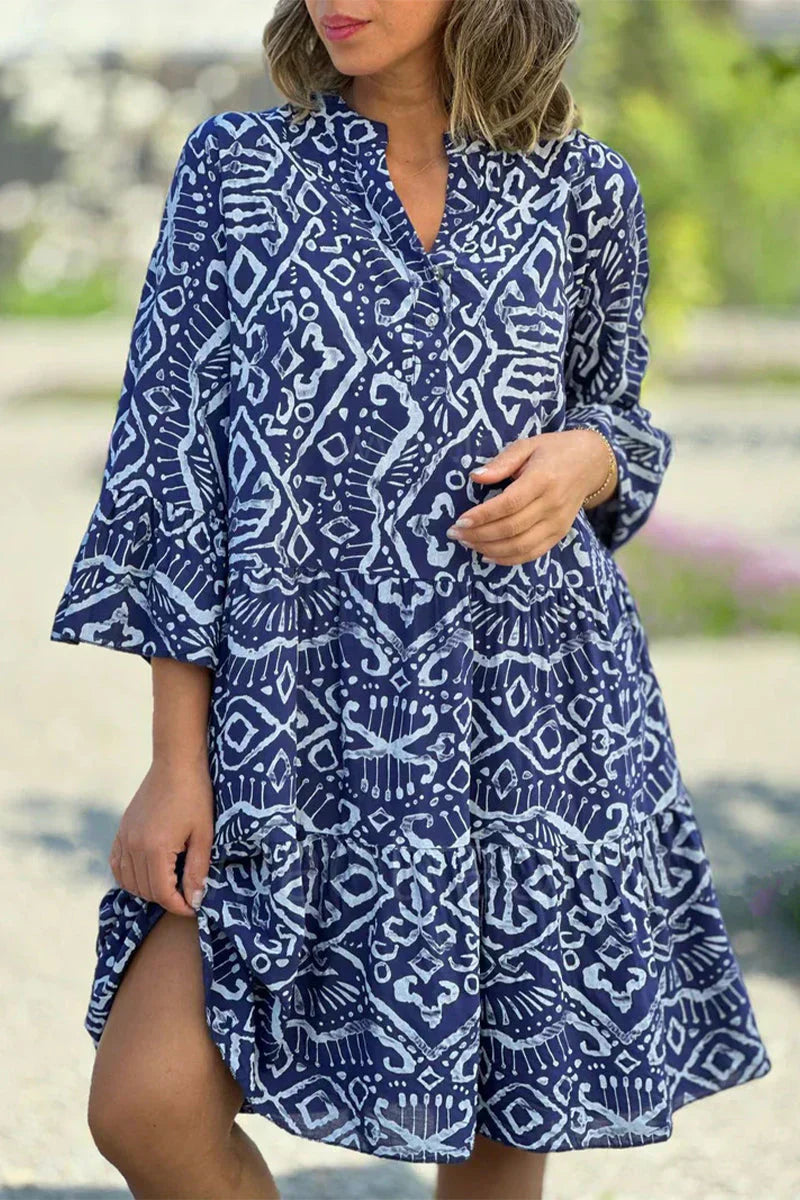 LP | Abito casual con stampa geometrica e bottoni, scollo a V, gonna a crostata