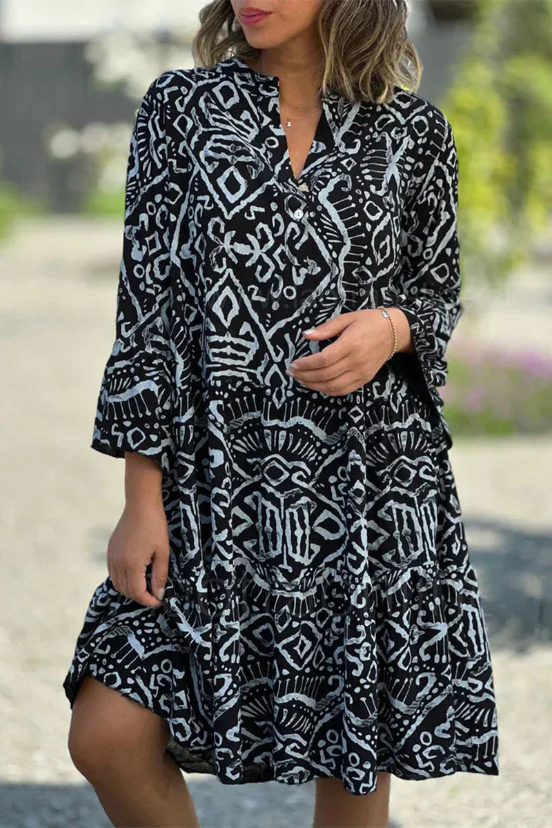 LP | Abito casual con stampa geometrica e bottoni, scollo a V, gonna a crostata