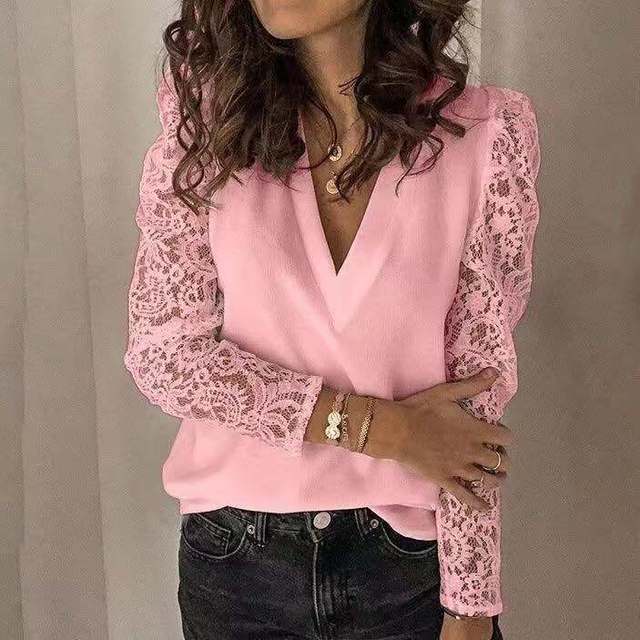 LP | Camicetta estiva in pizzo con scollo a V e maniche lunghe per donna