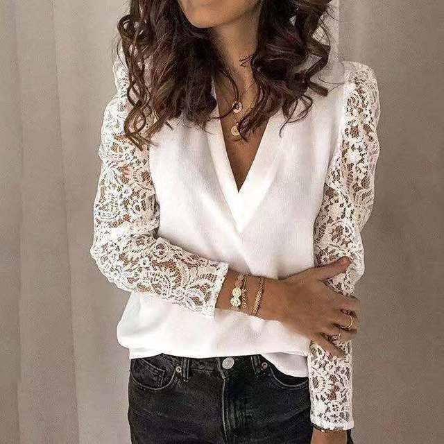 LP | Camicetta estiva in pizzo con scollo a V e maniche lunghe per donna