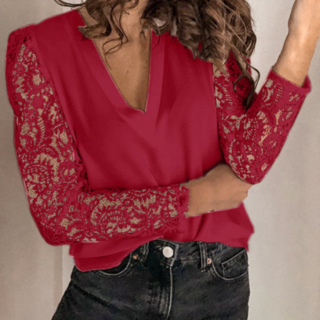 LP | Camicetta estiva in pizzo con scollo a V e maniche lunghe per donna