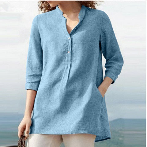 LP | Camicia a tinta unita con maniche a tre quarti e collo alto in cotone e lino