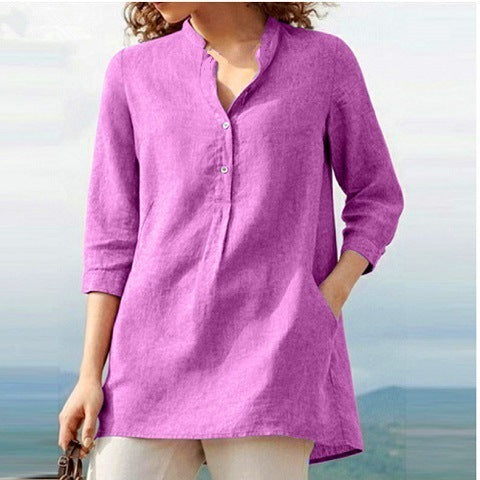 LP | Camicia a tinta unita con maniche a tre quarti e collo alto in cotone e lino