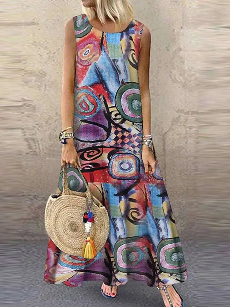LP | ZANZEA Donna Bohemian Summer Dress Causal Sleeveless Floral Printed Sundress Robe Femme Vintage Kaftan Beach Vestido Sarafans