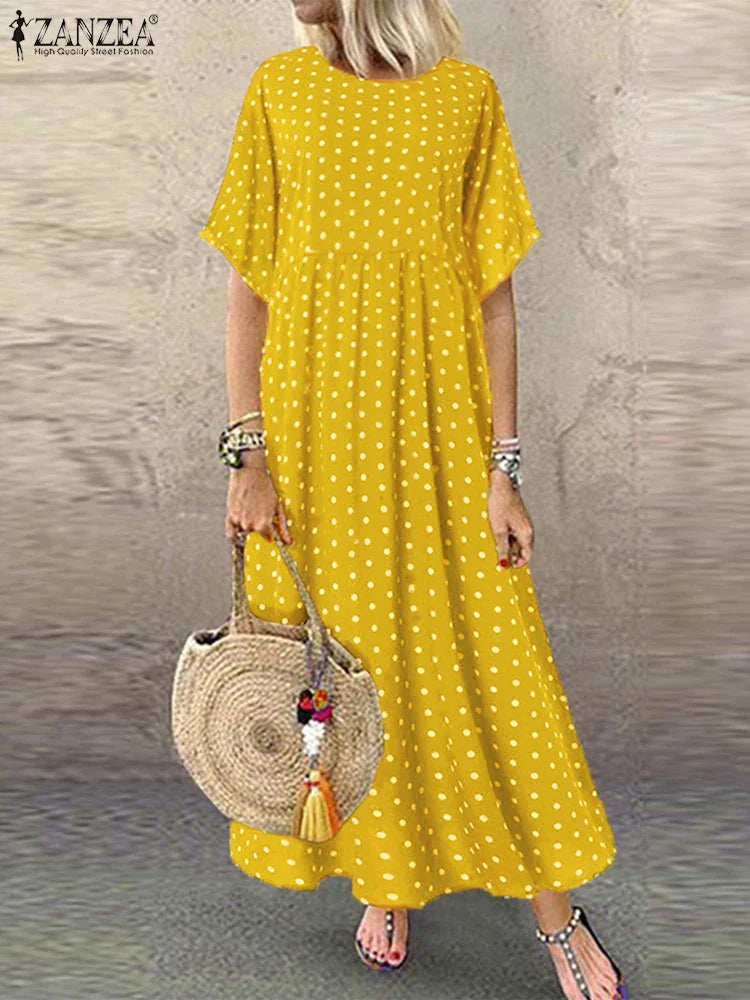 LP | ZANZEA Polka Dot Ladies Midi Dress Bohemian Holiday Short Sleeve O-Neck Long Robe Vintage Loose Casual A-line Vestidos Summer