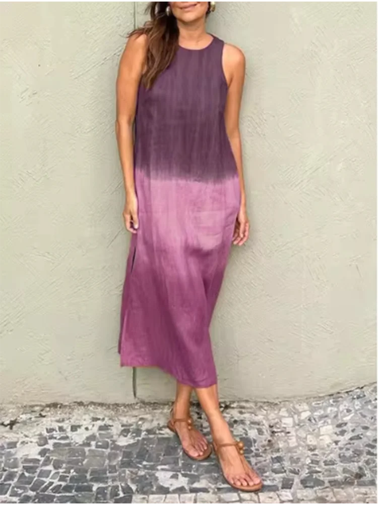 LP | Abito elegante con sfumature di colore donne o collo abito senza maniche moda abiti vacanza sciolto