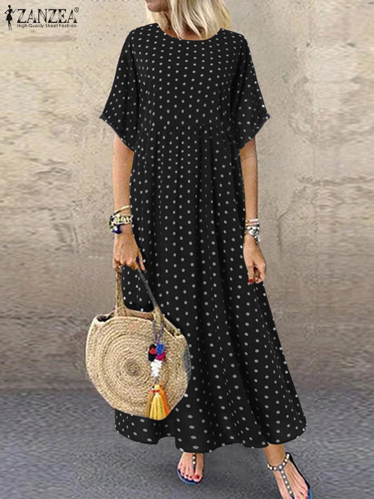 LP | ZANZEA Polka Dot Ladies Midi Dress Bohemian Holiday Short Sleeve O-Neck Long Robe Vintage Loose Casual A-line Vestidos Summer