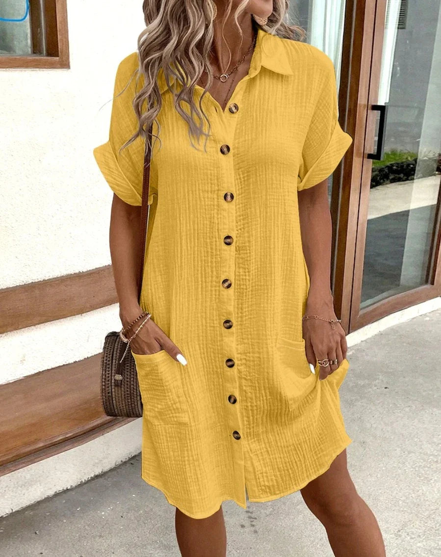 LP | Vintage Donne Solido Mini Vestito Estate Moda V-Neck Tre Quater Maniche Cotone Lino Vestito Signore Casual Vestidos Vacanze