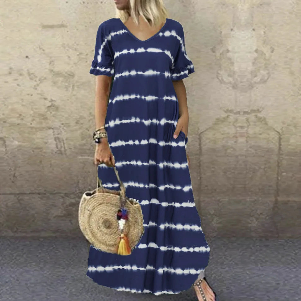 LP | Vestito nuovo estivo Scollo a V Maniche a righe Stampato Vestito lungo Grande Vestito casual