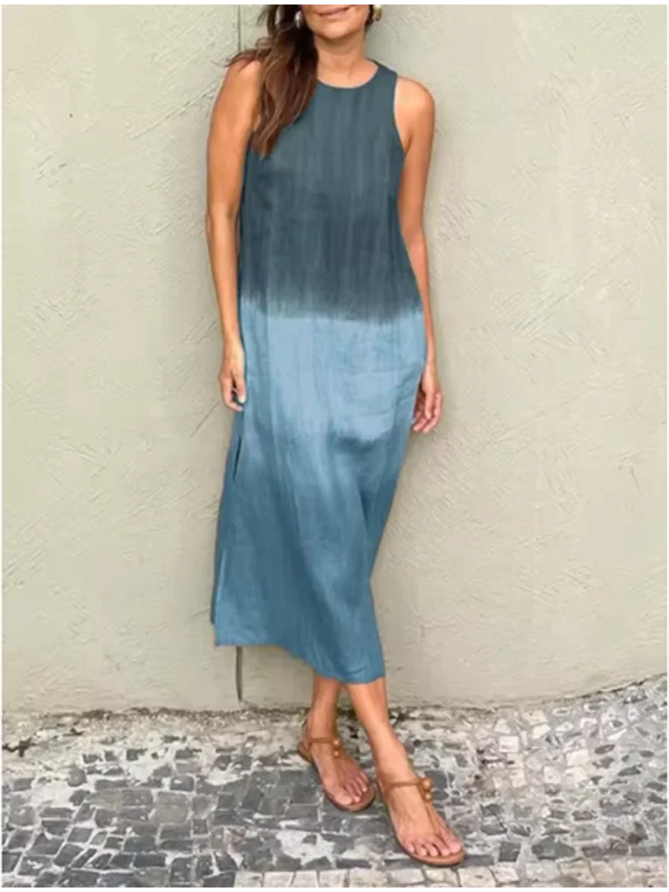 LP | Abito elegante con sfumature di colore donne o collo abito senza maniche moda abiti vacanza sciolto