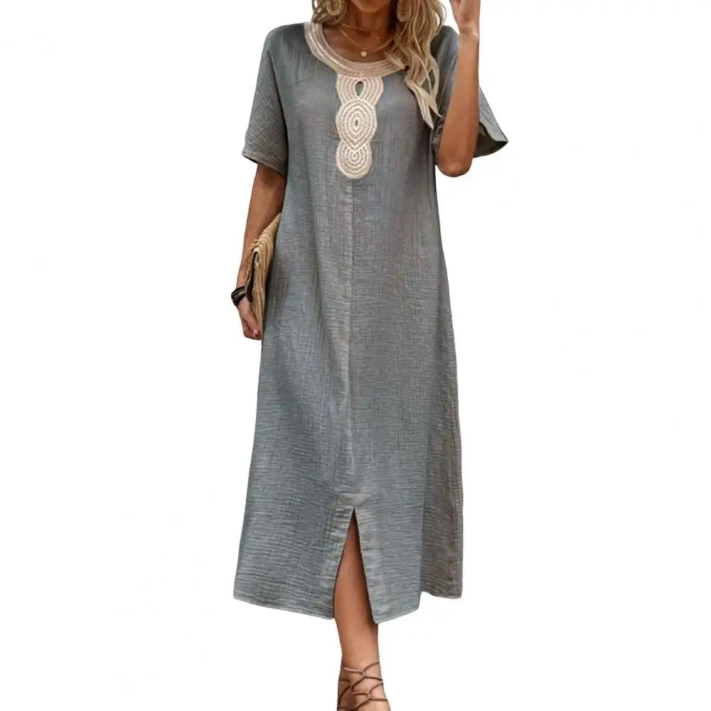LP | Vintage Donne Vestito Estate Spaccato Orlo O Collo Allentato Retrò Bohemien Dritto Casual Traspirante Abito Midi