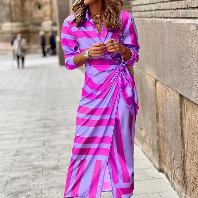 LP | 2024 AliExpress Europeo e americano transfrontaliero nuova moda stampata camicia collare pizzo fino midi abito a righe