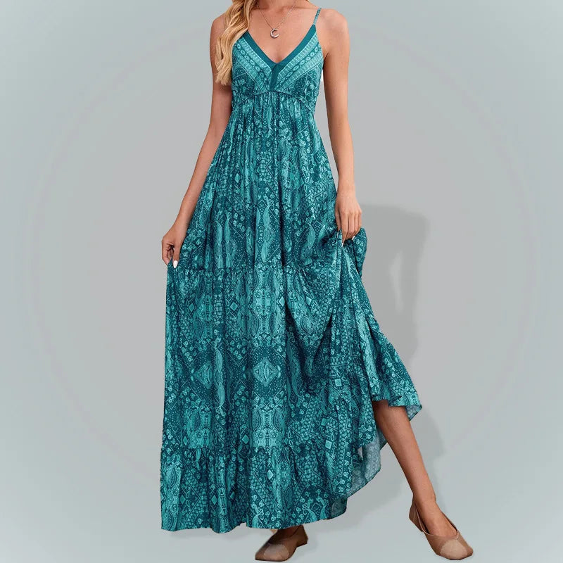 LP | BAMBOOBOY Donne Scollo a V Partito Abiti lunghi Vintage Stampato Bohemien Spiaggia Elegante Senza Maniche Spaghetti Strap Sexy Maxi Sundress