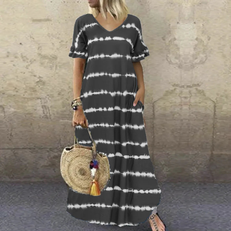 LP | Vestito nuovo estivo Scollo a V Maniche a righe Stampato Vestito lungo Grande Vestito casual