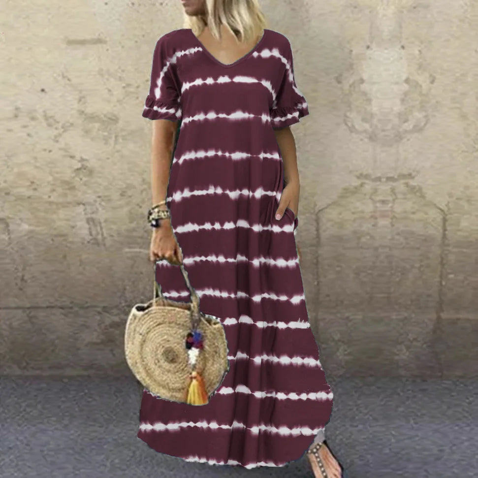 LP | Vestito nuovo estivo Scollo a V Maniche a righe Stampato Vestito lungo Grande Vestito casual