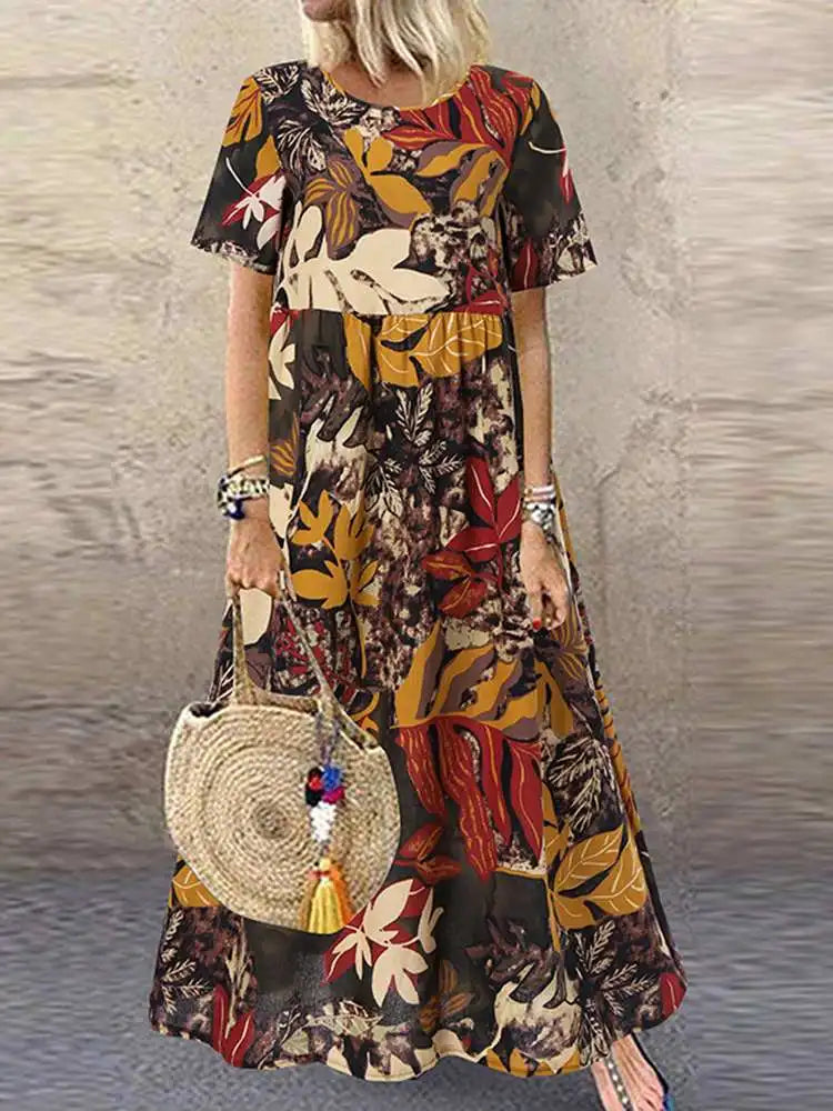 LP | ZANZEA 2023 Vintage Printed Dress Donna Summer Sundress Casual Short Sleeve Maxi Vestidos Female O Neck Floral Robe Femme