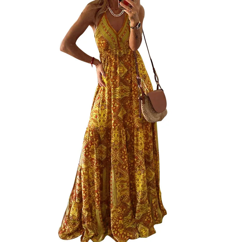 LP | BAMBOOBOY Donne Scollo a V Partito Abiti lunghi Vintage Stampato Bohemien Spiaggia Elegante Senza Maniche Spaghetti Strap Sexy Maxi Sundress