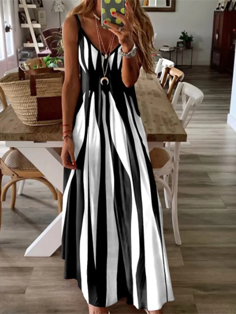 LP | Vestito sexy senza maniche Donna Nero Bianco a righe stampato Abiti lunghi Estate Casual Holiday Party Abito Accappatoio