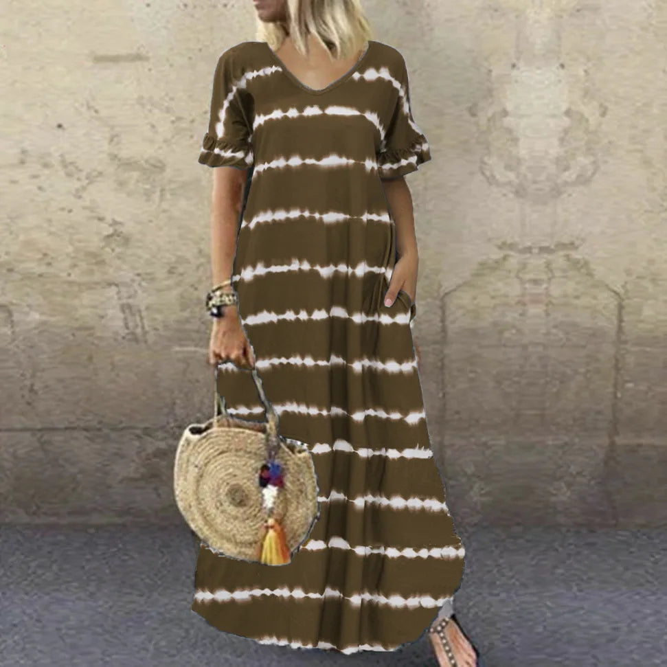 LP | Vestito nuovo estivo Scollo a V Maniche a righe Stampato Vestito lungo Grande Vestito casual