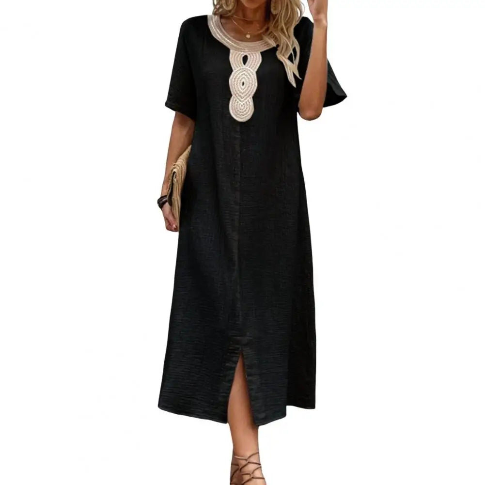 LP | Vintage Donne Vestito Estate Spaccato Orlo O Collo Allentato Retrò Bohemien Dritto Casual Traspirante Abito Midi