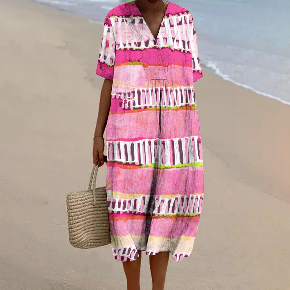 LP | Vestito da spiaggia rosa Vestito di lino da donna per le vacanze al mare Confortevole vestito casual allentato Vestidos Abbigliamento donna elegante