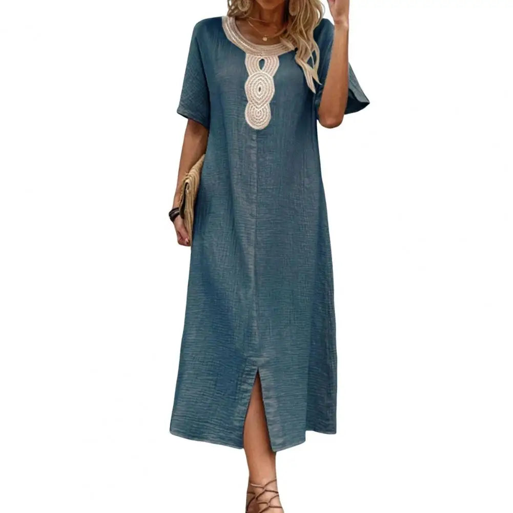 LP | Vintage Donne Vestito Estate Spaccato Orlo O Collo Allentato Retrò Bohemien Dritto Casual Traspirante Abito Midi