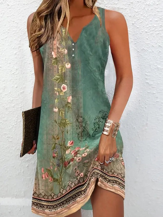 LP | Abiti da donna Estate Moda Cuciture Scollo a V Allentato Bohemien Vacanza Donna Basic Vestidos Senza Maniche