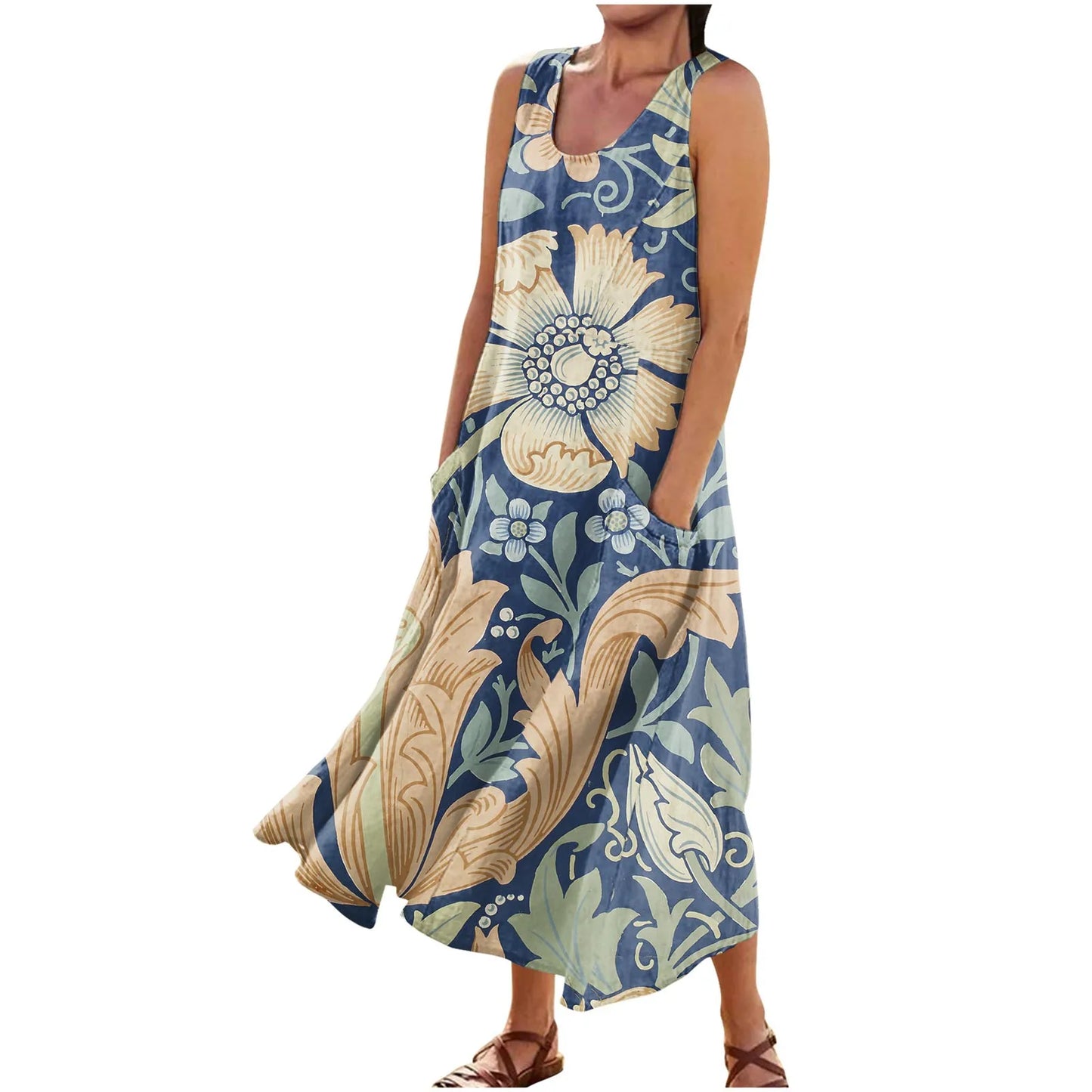 LP | Vestito floreale estivo Donne Vintage senza maniche floreale Stampato Lungo Vestito Cotone Lino Sundress Baggy Spiaggia Vestido Sarafans