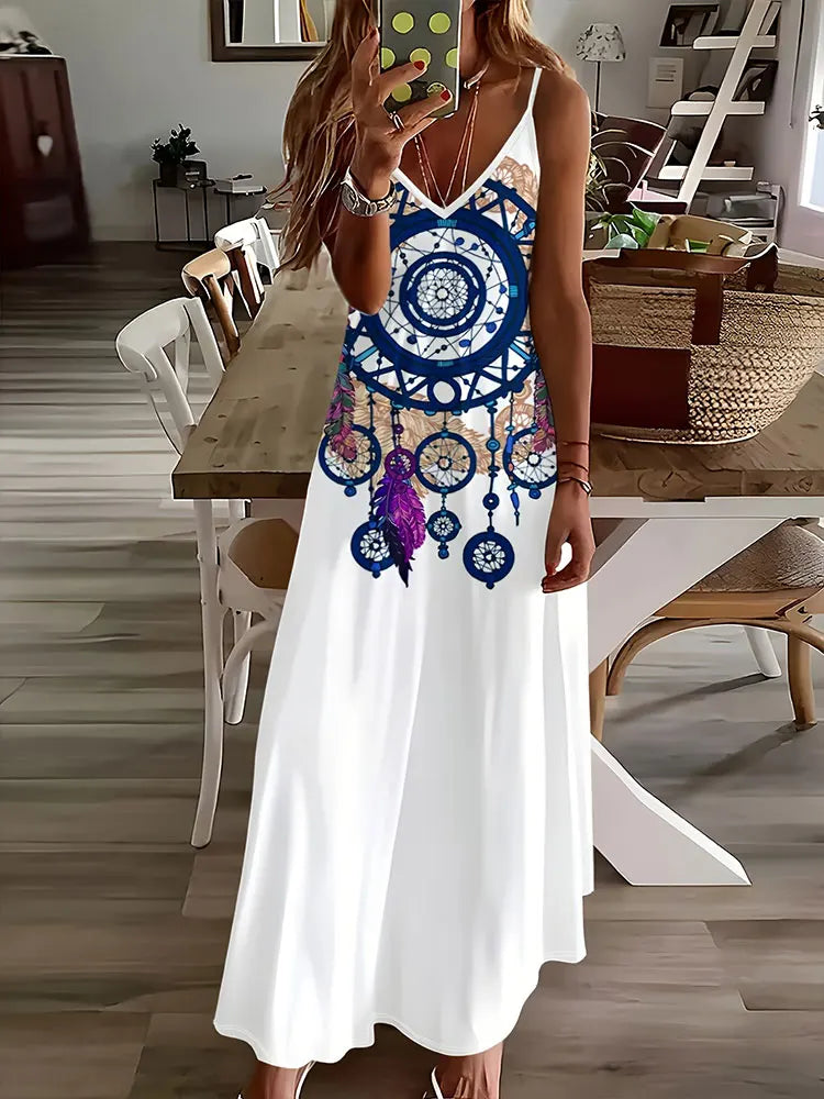 LP | 2024 Nuovo Vintage Stampa Etnica Signore Vestito Elegante Estate Signore Vestito Casual Senza Maniche Strada Moda Signore Vestito Lungo