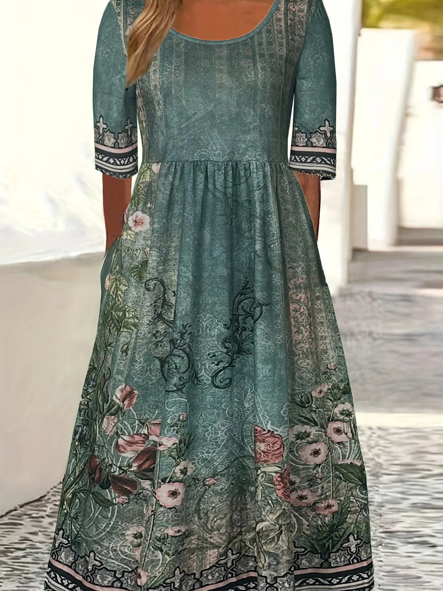 LP | 2025 estate nuove donne bohemia sciolto moda stampa collo rotondo manica corta abito lungo