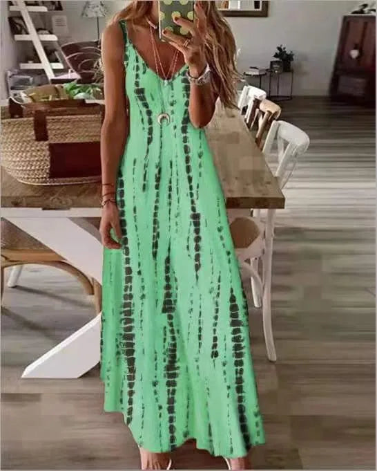 LP | Abiti Maxi Spaghetti Strap Stampati Casual per Donne Scollo a V Backless A-Line Abito Lungo Moda Stile Bohemien Spiaggia Vestidos