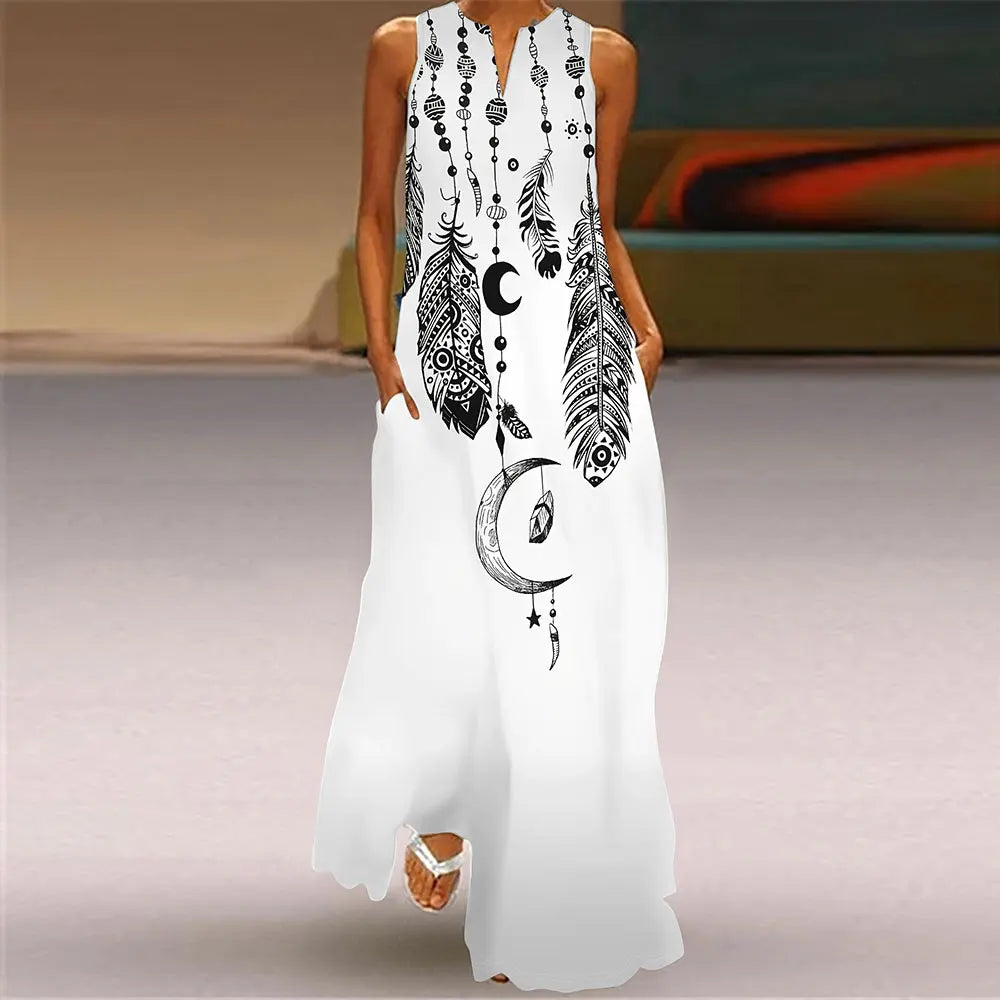 LP | Vestito da donna allentato Abito estivo casual con stampa di piume Abito da donna plus-size con scollo a V e senza maniche Abito da sera elegante e alla moda