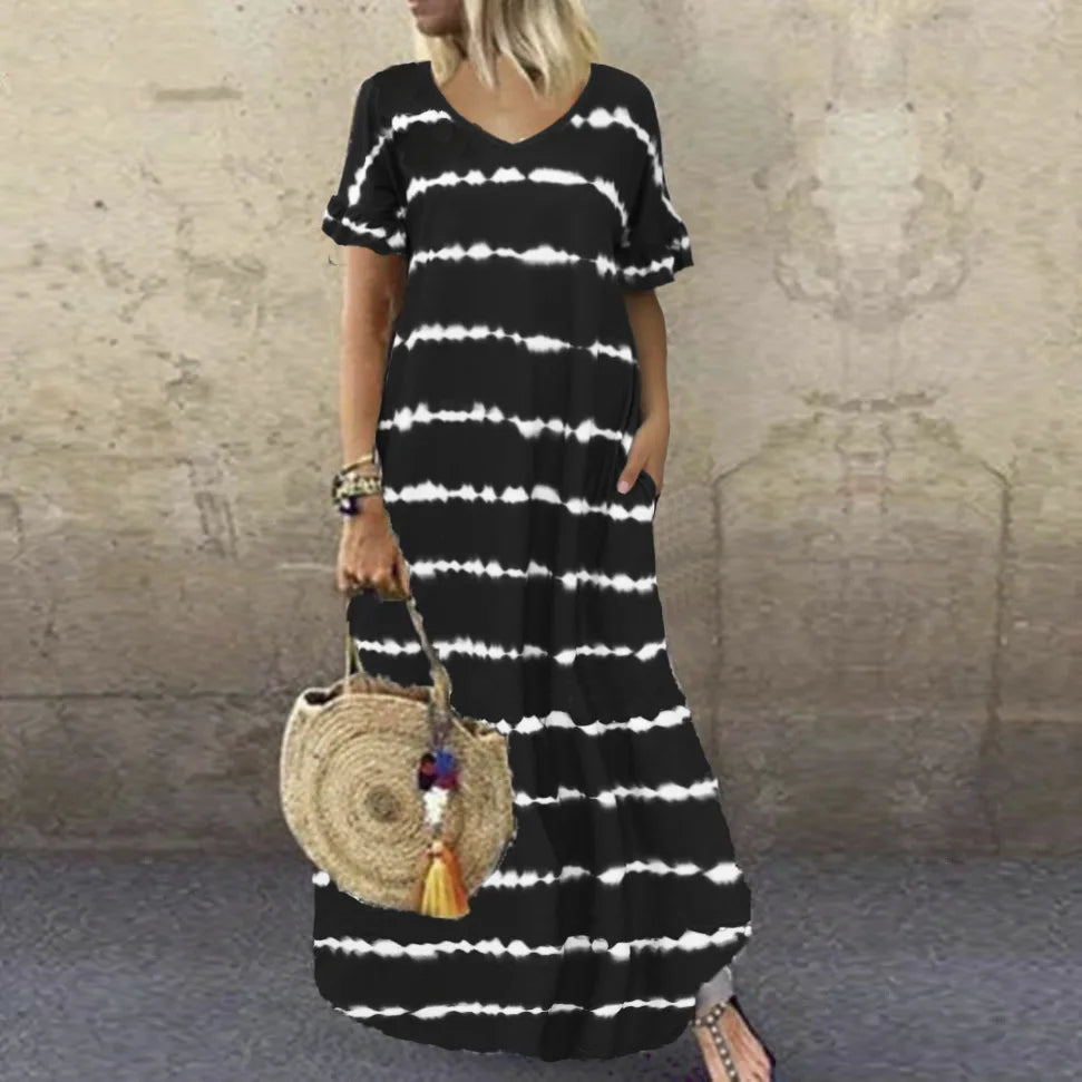 LP | Vestito nuovo estivo Scollo a V Maniche a righe Stampato Vestito lungo Grande Vestito casual