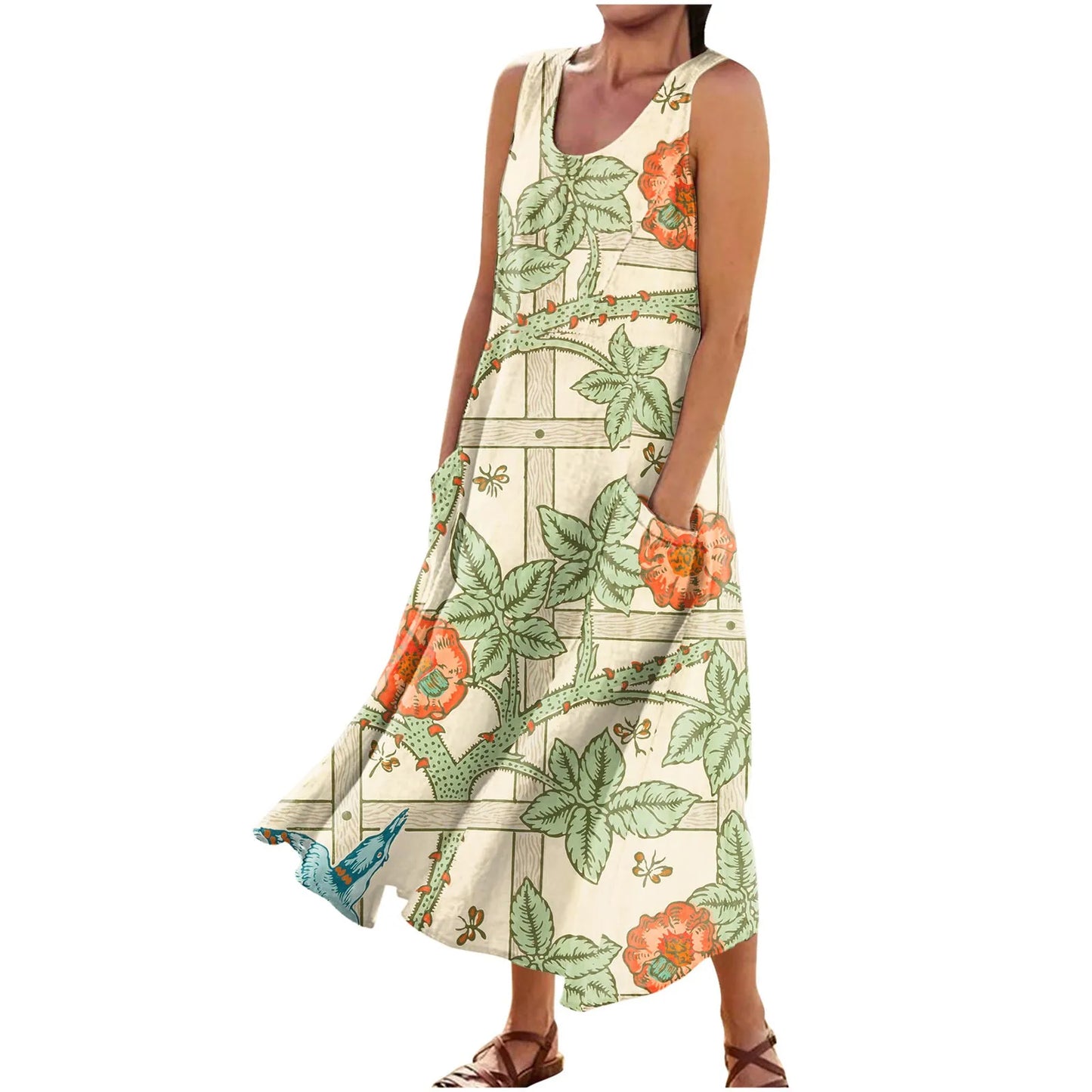 LP | Vestito floreale estivo Donne Vintage senza maniche floreale Stampato Lungo Vestito Cotone Lino Sundress Baggy Spiaggia Vestido Sarafans
