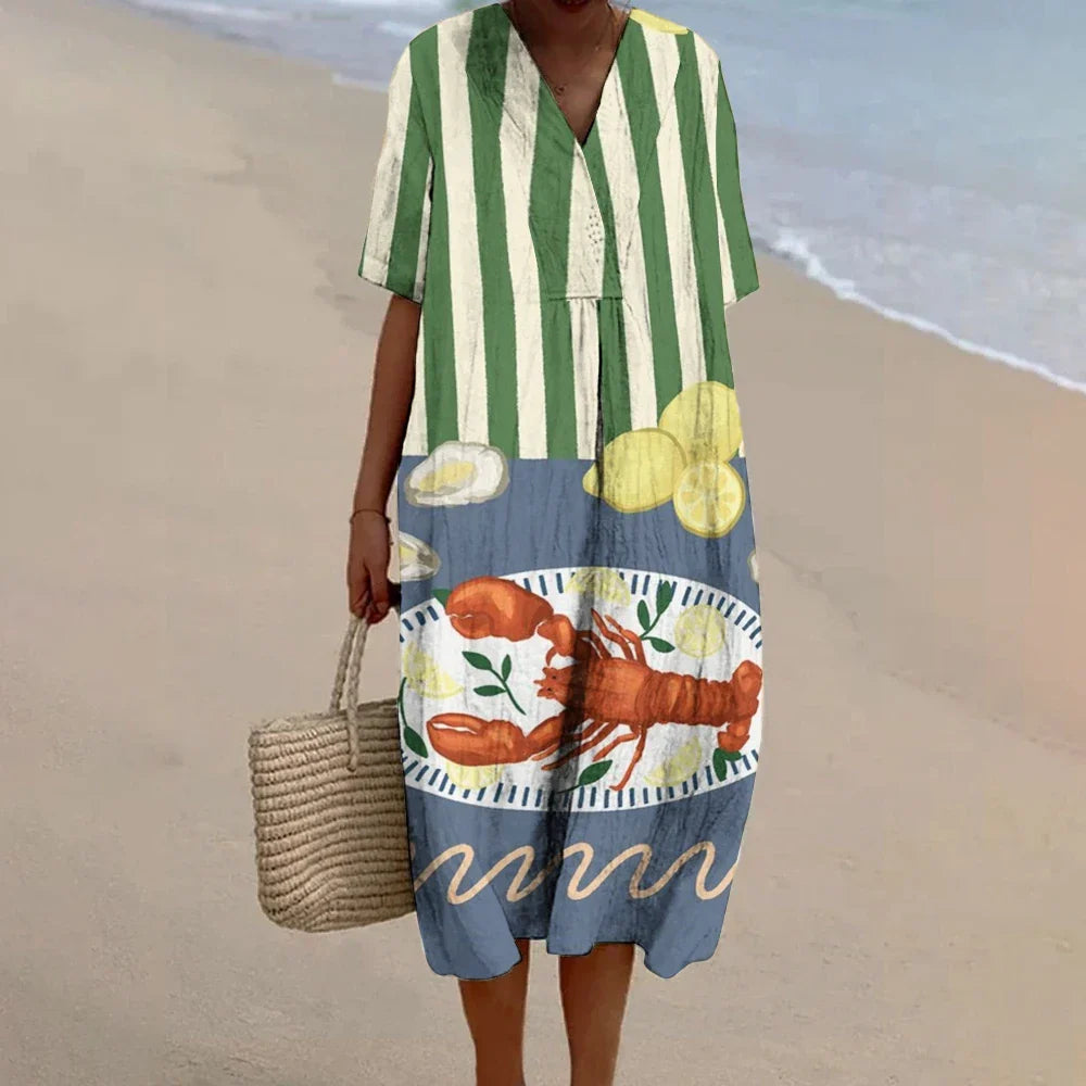 LP | Vestito da donna con stampa a granchio Abito estivo in cotone da cucire Abito in cotone Boho Abiti da vacanza Donna 2024 Abiti da spiaggia Hawaii di lusso