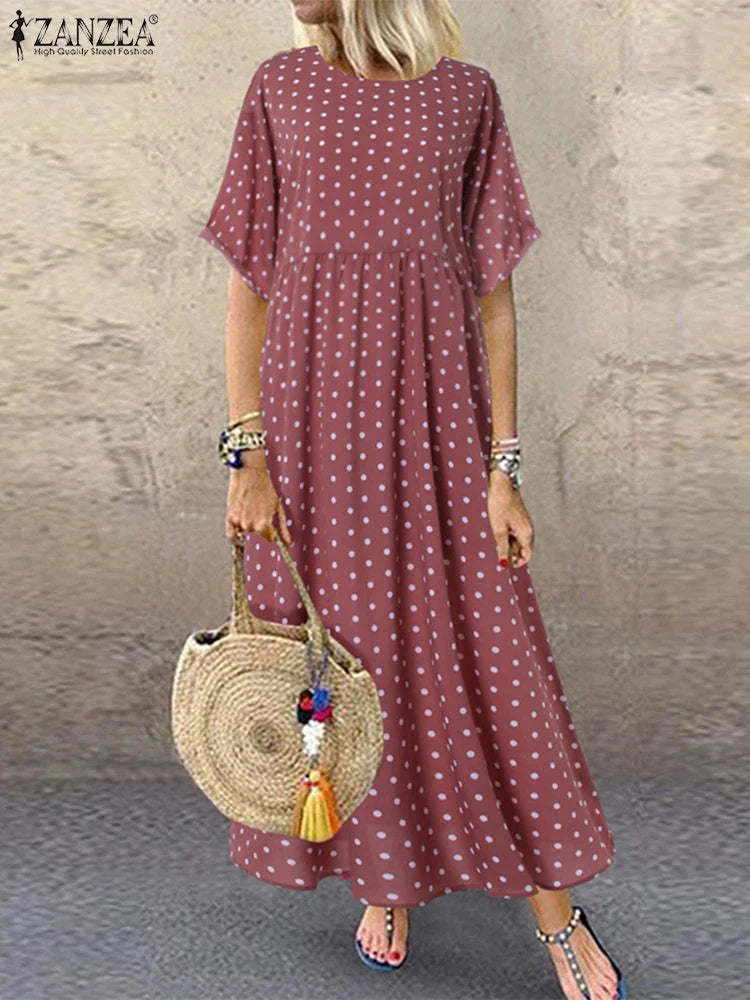 LP | ZANZEA Polka Dot Ladies Midi Dress Bohemian Holiday Short Sleeve O-Neck Long Robe Vintage Loose Casual A-line Vestidos Summer