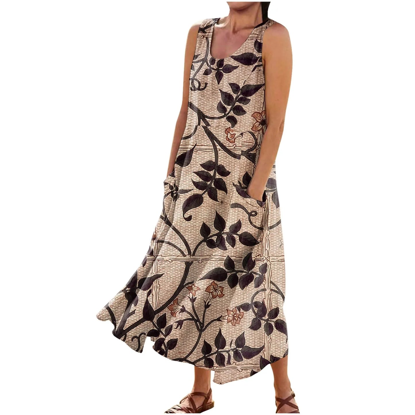 LP | Vestito floreale estivo Donne Vintage senza maniche floreale Stampato Lungo Vestito Cotone Lino Sundress Baggy Spiaggia Vestido Sarafans
