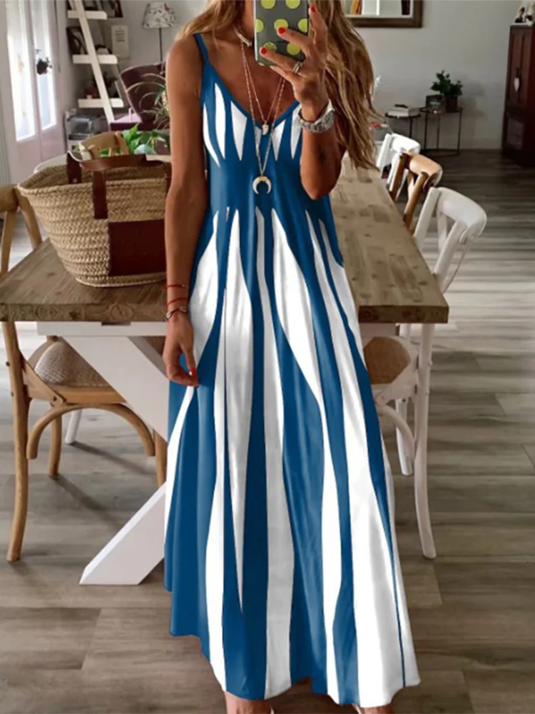 LP | Vestito sexy senza maniche Donna Nero Bianco a righe stampato Abiti lunghi Estate Casual Holiday Party Abito Accappatoio