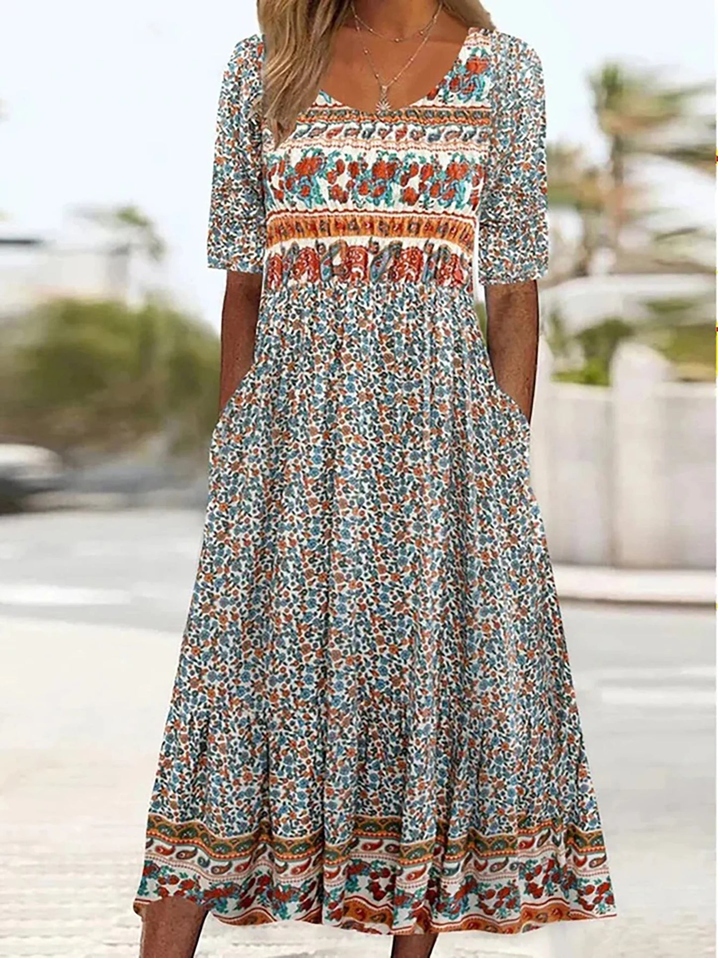 LP | 2025 estate nuove donne bohemia sciolto moda stampa collo rotondo manica corta abito lungo